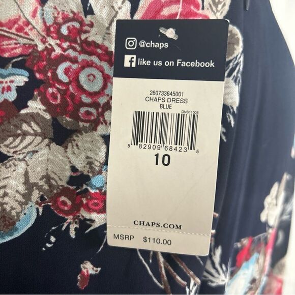 NWT Chaps Dress Women’s Size 10 Navy Chiffon Floral Bell Sleeve Vneck - Picture 8 of 11
